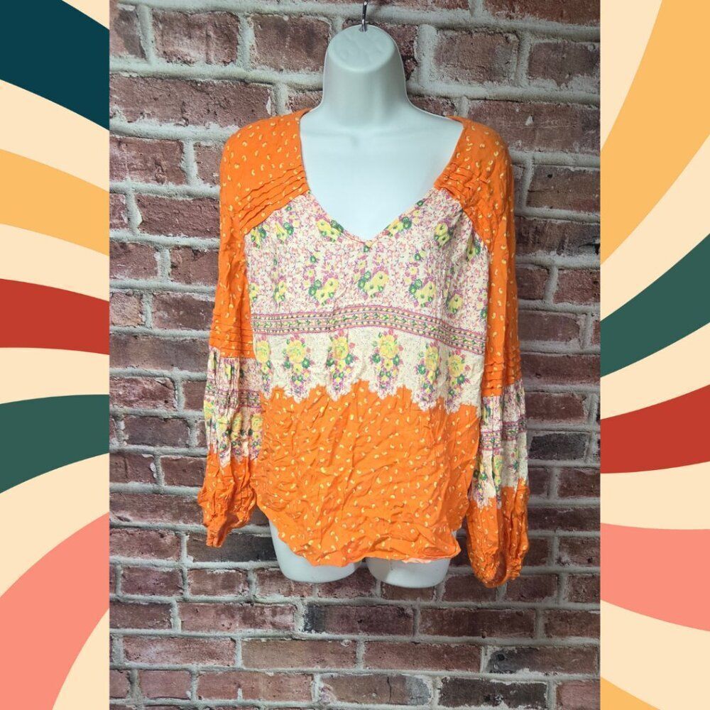 Maeve Anthropologie Blouse M |‎ Boho Floral V Neck Long Sleeve Orange Top